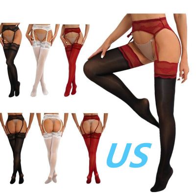 US Sexy Women High Waist Suspender Pantyhose Cutout Floral Lace Hosiery Tights